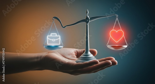 Conceptual balance between career and love, depicted by a scale holding a briefcase and a heart, symbolizing the importance of prioritizing personal life and professional success