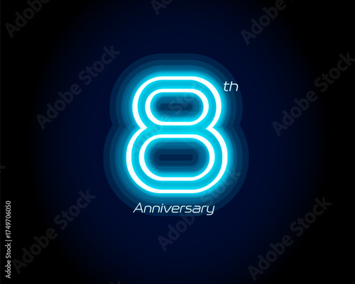 Blue neon number eighth years, 8th anniversary logo on black background. Shiny luminous jubilee sign for celebration emblem of cyber event party, digital startup, gambling icon. Vector illustration.