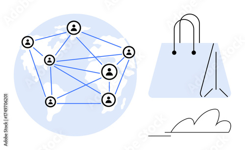Global network map with linked user icons, shopping bag, and cloud. Ideal for commerce, technology, networking, globalization, shopping digital marketplaces connectivity. Simple flat metaphor