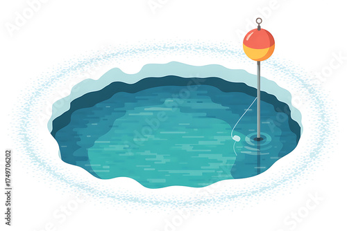 A hole in ice reveals blue water, a fishing bobber floating, suggesting winter angling.