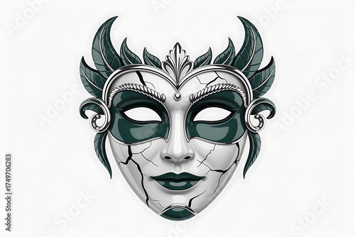 Ornate, cracked mask with dark teal and silver hues, evokes mystery and theatrical intrigue.