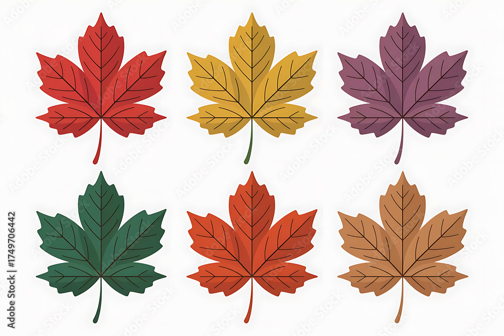 Fototapeta premium Vibrant autumn leaves in red, yellow, green, and purple hues showcase seasonal beauty.