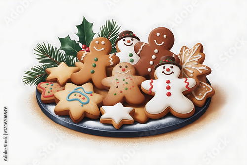 Festive holiday treats, gingerbread figures and star cookies, decorated with icing and holly.