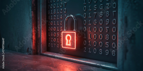 Digital lock glows brightly against a backdrop of binary code, representing data security and access.