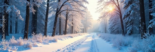 A tranquil winter wonderland scene featuring a snow-covered forest with frosted trees and a path leading into the distance, bathed in soft sunlight , holiday, woods, idyllic