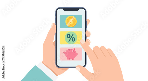 Hand Holding Smartphone Displaying Financial Icons Coin, Percentage, and Piggy Bank for Savings and Investment