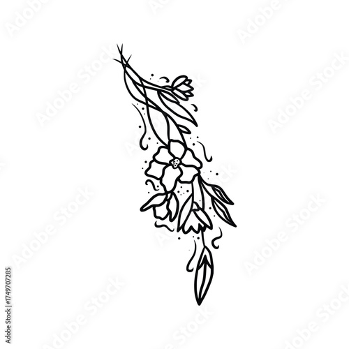 Hand drawn tattoo nature floral flowers, branches and leaves in line art style. Collection of sketches of botanical elements