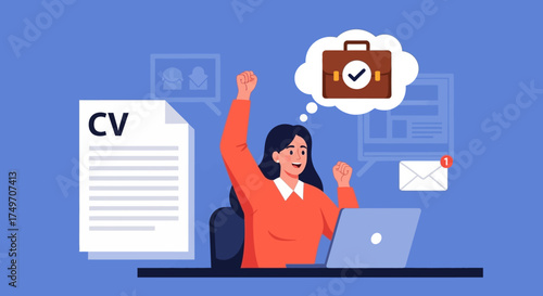 Happy Woman Celebrating Job Offer Success with CV and Laptop