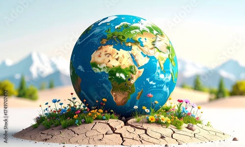 Earth globe with flowers growing on cracked dry land concept illustration
