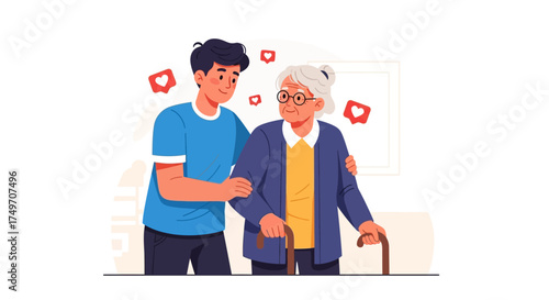 Young man supporting elderly woman, representing care, community, and intergenerational connection