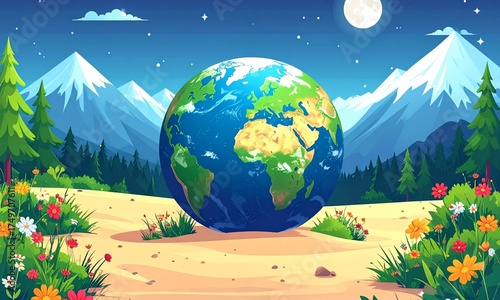 Night scene of Earth globe under moonlight surrounded by flowers and mountains illustration