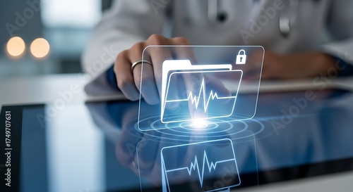 A doctor accessing patient medical records on a digital tablet, emphasizing data security, healthcare technology, and the importance of electronic health records for efficient patient care
