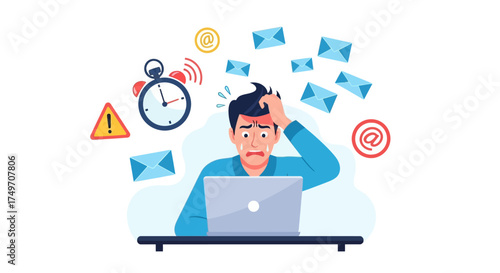 Overwhelmed at Work Feeling Stress and Anxiety from Emails and Deadlines