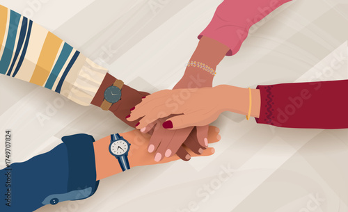 Hands joined together showing teamwork unity and agreement among diverse coworkers