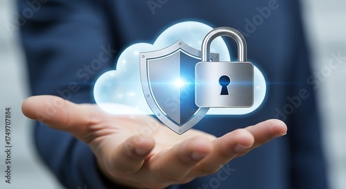 A person holding a digital illustration of a cloud with a shield and padlock, representing cloud security, data protection, and cybersecurity in the digital age