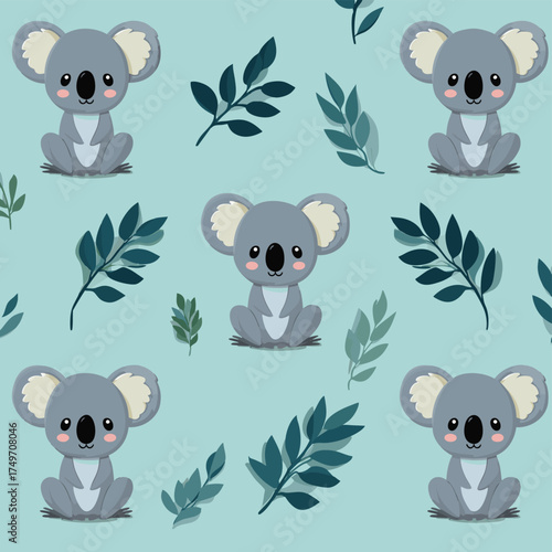 Seamless pattern with cute koala baby on color background. Funny australian animals. Card, postcards for kids. Flat vector illustration for fabric, textile, wallpaper, poster, paper.