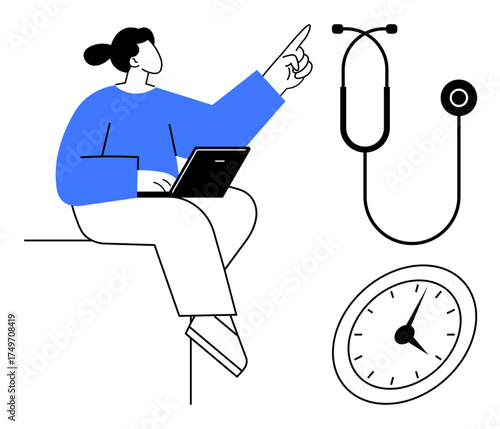 Woman working on laptop and pointing upward, accompanied by a stethoscope and a clock. Ideal for healthcare, remote work, time management, telemedicine, productivity, medical education, wellness