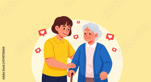 Compassionate young woman assisting an elderly lady, surrounded by heart icons representing love, care, and social volunteering
