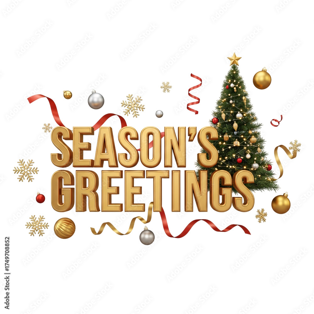 Fototapeta premium Season's Greetings text, festive Christmas tree, holiday ornaments on transparent background