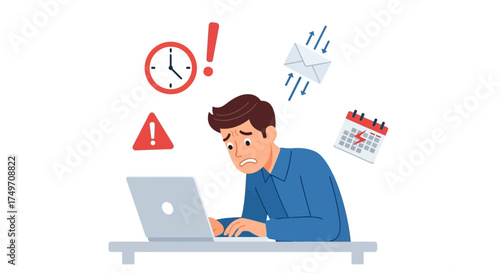 Overwhelmed Employee Managing Deadlines and Email Overload with Stress