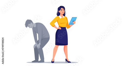 Empowered professional woman achieving success and confidence, leaving behind the struggles of exhaustion and defeat, symbolizing career advancement and personal growth