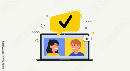 Online Meeting Success Video Call with a Checkmark Symbol for Approved Communication