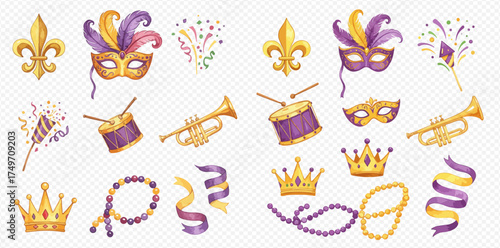 A collection of Mardi Gras carnival celebration elements including masks, crowns, beads, musical instruments, and confetti.