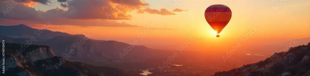 Fototapeta premium A vibrant hot air balloon drifts serenely across a breathtaking landscape, bathed in the warm glow of sunrise Perfect for travel, adventure, and freedom themes , nature, landscape, basket