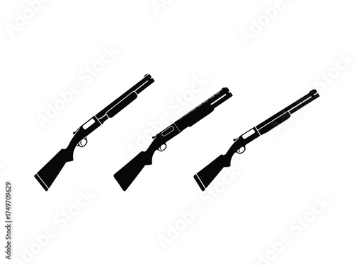 Three black shotgun silhouettes firearm used for hunting, sport shooting, and self defense