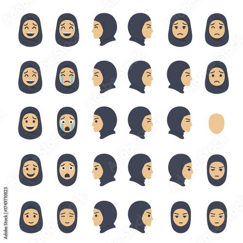Muslim Woman in Hijab Character Set with Various Facial Expressions.