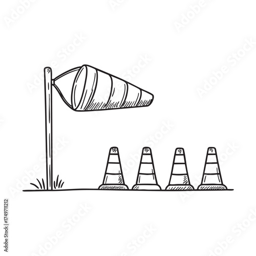 A windsock near a row of cones marking the edge of the field