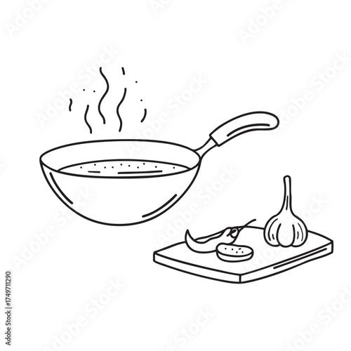 A wok beside a cutting board with sliced garlic and chili