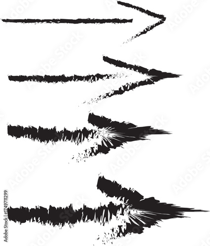 Series of Stylized Arrows Showing Motion Progression – Abstract Black Arrow Set with Increasing Texture and Energy on White Background, Concept, Speed, Direction, Design, Transformation