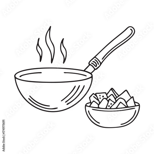 A wok near a bowl of chopped vegetables ready to cook