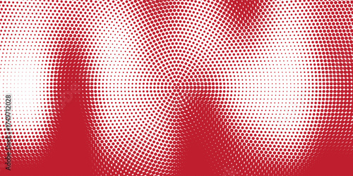 Polka dot red white halftone pattern. Gradient dots background. Modern vector illustration. Abstract curves. Grunge points backdrop. Bright colors dotted spotted pattern. Eps10