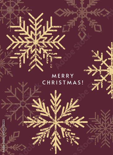 Festive greeting card design. Snowflakes falling, vintage grunge texture. Merry Christmas seasonal postcard. Holiday design with snow flakes pattern, snow winter poster. Grainy noise. Flat vector.