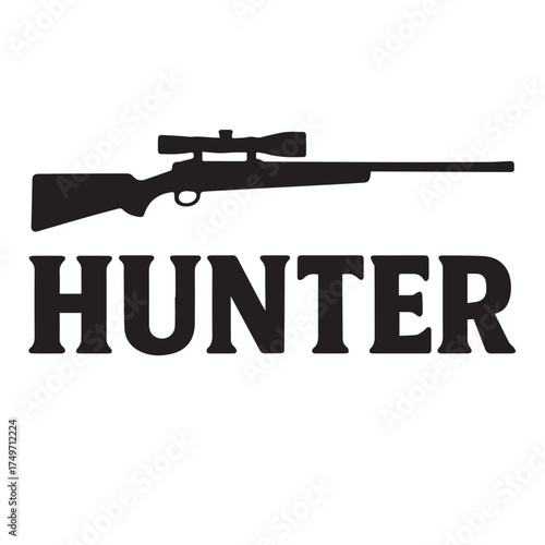 Bold black rifle silhouette placed above hunter text representing adventure and outdoor sport ideal for logo apparel poster and hunting themed creative artwork and designs