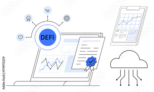 Digital finance hub with laptop displaying analytics, certificate with seal, cloud computing, data connections. Ideal for fintech, blockchain, analytics, economy, cryptocurrency decentralization