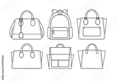 Fashion Bag outline icon set vector handbag backpack isolate in white background 