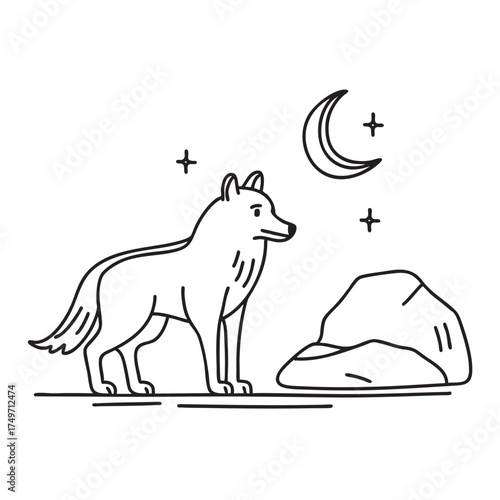 A wolf standing beside a snow-covered rock under moonlight