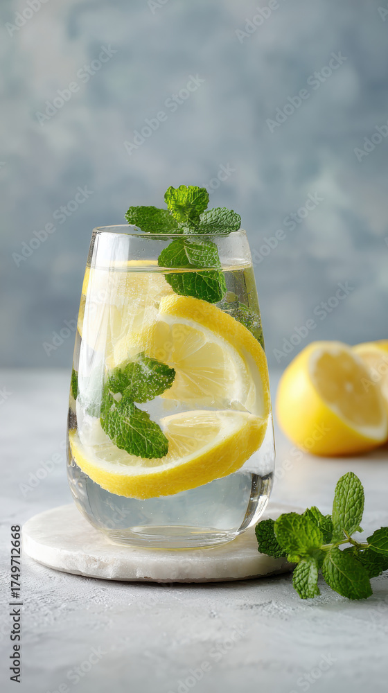 Fototapeta premium Lemon water mint glass slice fresh cold drink detox citrus healthy refresh summer hydrating ice herb clear mineral organic diet cleanse beverage