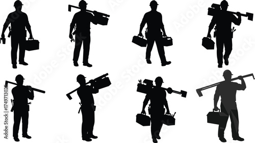 Construction worker silhouettes with tools, hard hats, toolbox, teamwork, industrial labor, safety gear, vector illustration for building, repair, maintenance themes