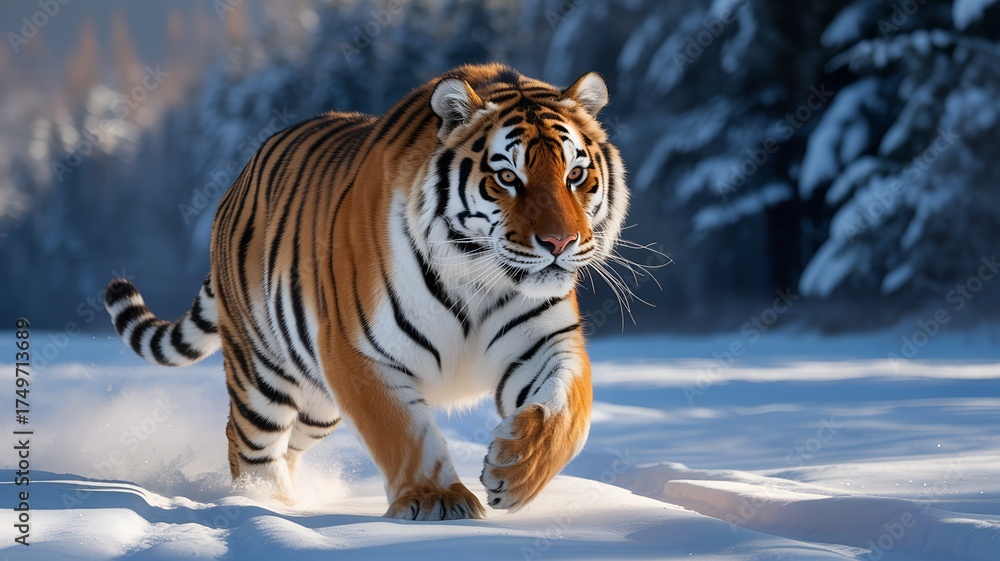 Obraz premium Tiger Walking Through Snowy Forest Landscape animal.