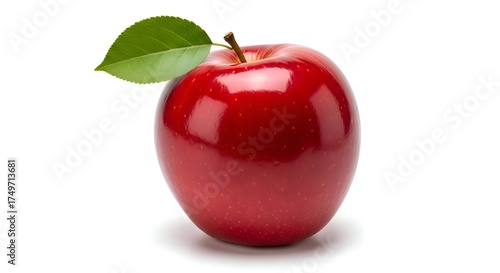 Shiny Red Apple with Green Leaf Still Attached.