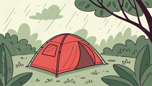 Illustration of camping in the rain with tent and trees for outdoor adventure and nature lovers