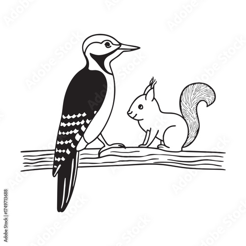 A woodpecker close to a squirrel perched nearby