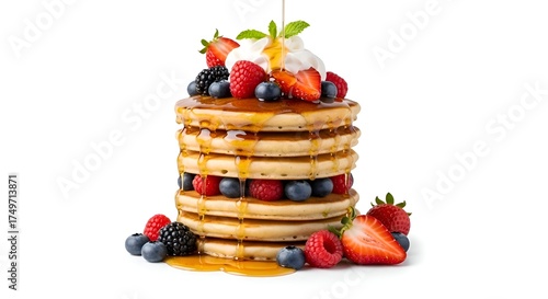 Stack of Pancakes with Fresh Berries and Maple Syrup Drizzle.