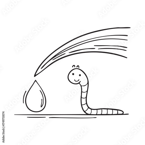 A worm beside a droplet sliding down a blade of grass