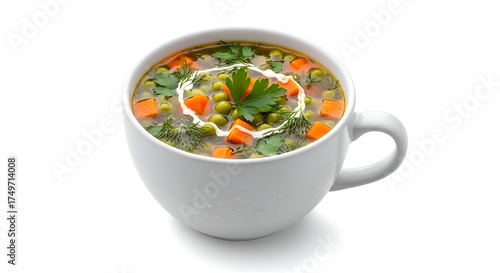 Vegetable Soup in a White Mug.