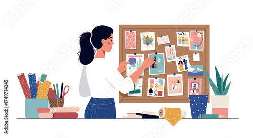 Woman pinning images on a corkboard with craft supplies